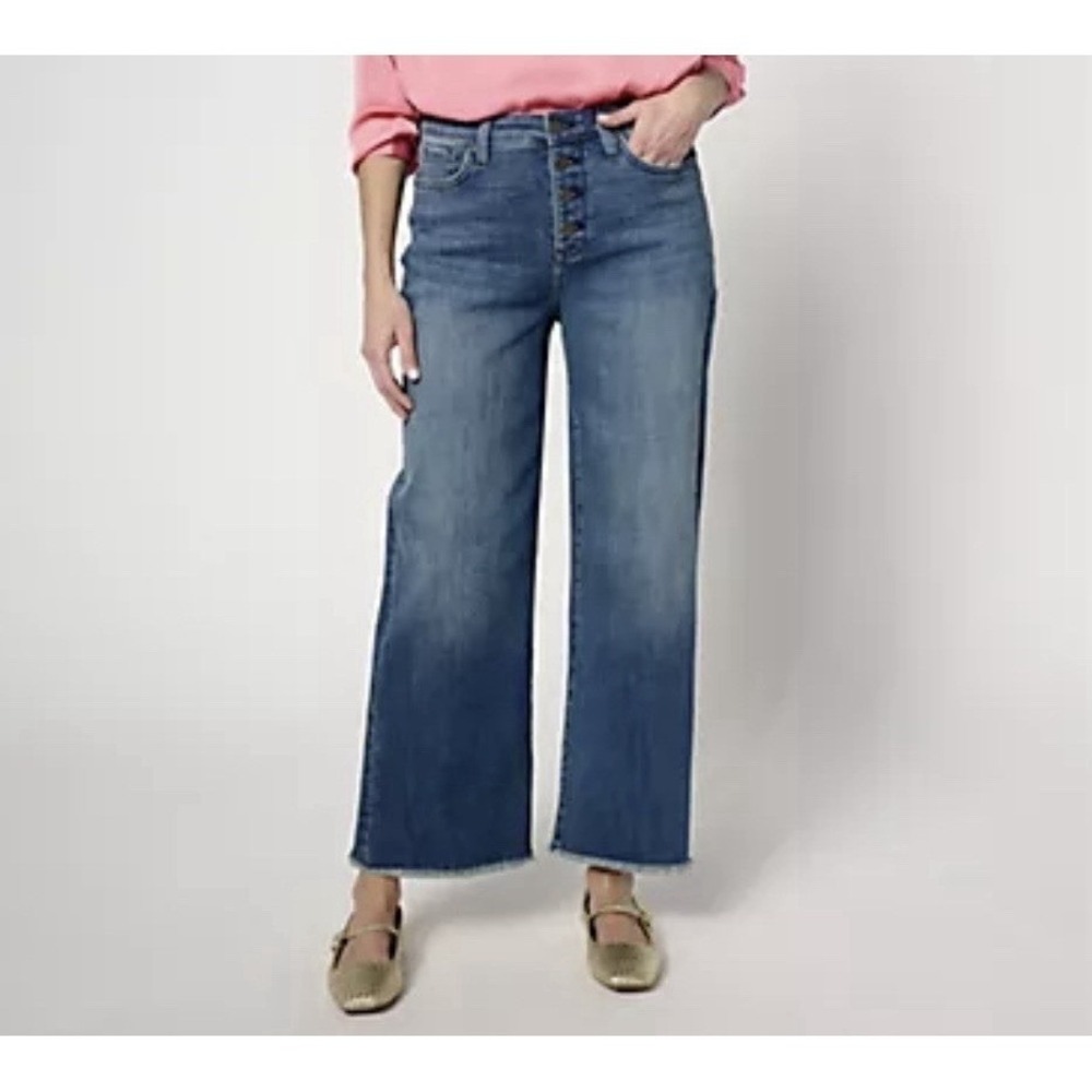 NYDJ Teresa High Waist Wide Leg Jeans Plus Size 18W Button Fly Raw Hem Boho Chic